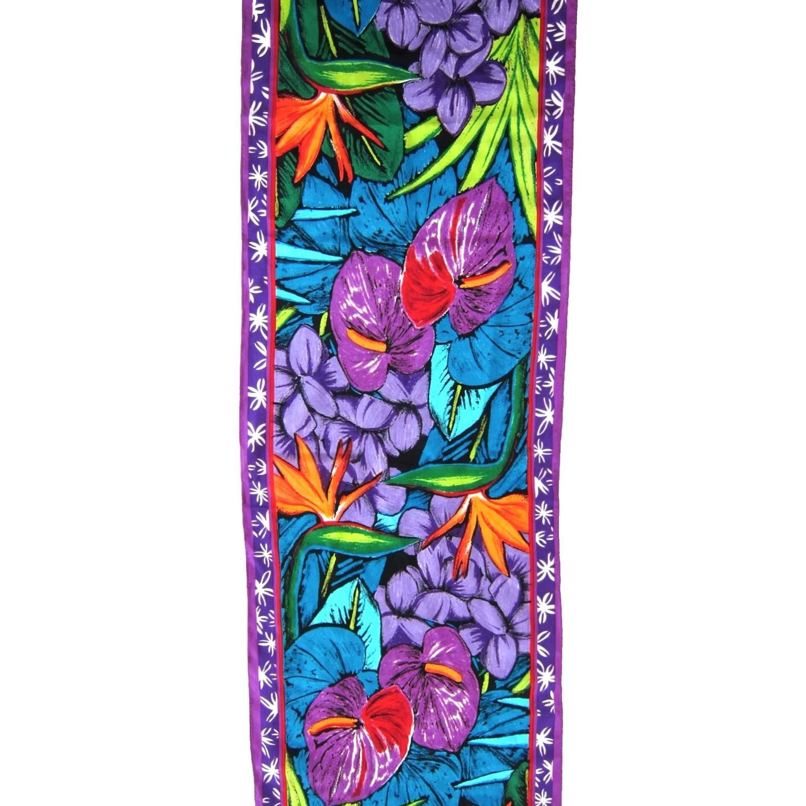 Vintage VTG ADRIENNE VITTADINI Silk Purple Green Tropical Floral Rectangle Scarf Womens 11" X 53" Vintage Floral Pattern Scarf Size ONE SIZE - 4 Thumbnail