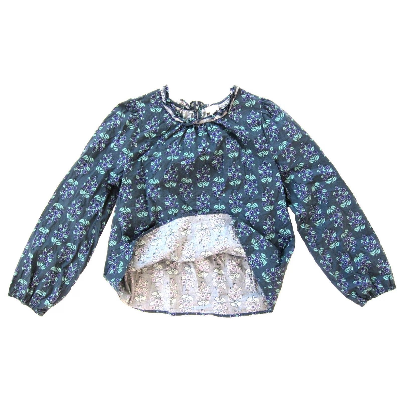 J.Crew J.CREW Blouse Shirt Floral Cotton Green Teal Purple Ruffle High Neck Long Sleeve L Womens Summer Spring Fall Vintage: No Size L / US 10 / IT 46 - 4 Thumbnail