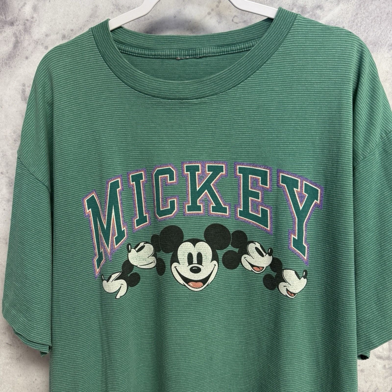 Vintage Vintage 90s Mickey Mouse T Shirt Green Short Sleeve Striped Size US XL / EU 56 / 4 - 1 Thumbnail