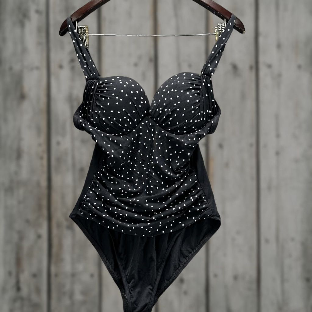 Vintage La Blanca One Piece Swimsuit Womens 12 Black Polka Dot Ruched Adjustable Straps Lined Padded Bathing Suit Size ONE SIZE - 1 Thumbnail