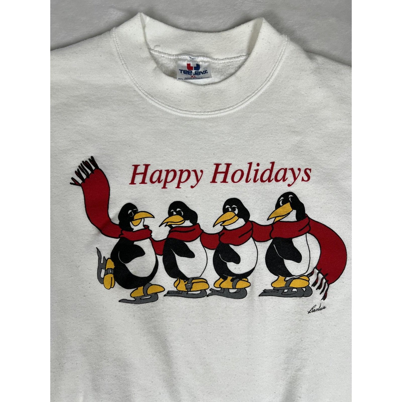 TEE JAYS Vintage Happy Holidays Penguin Sweatshirt Mens XL White Grap Size US XL / EU 56 / 4 - 2 Thumbnail