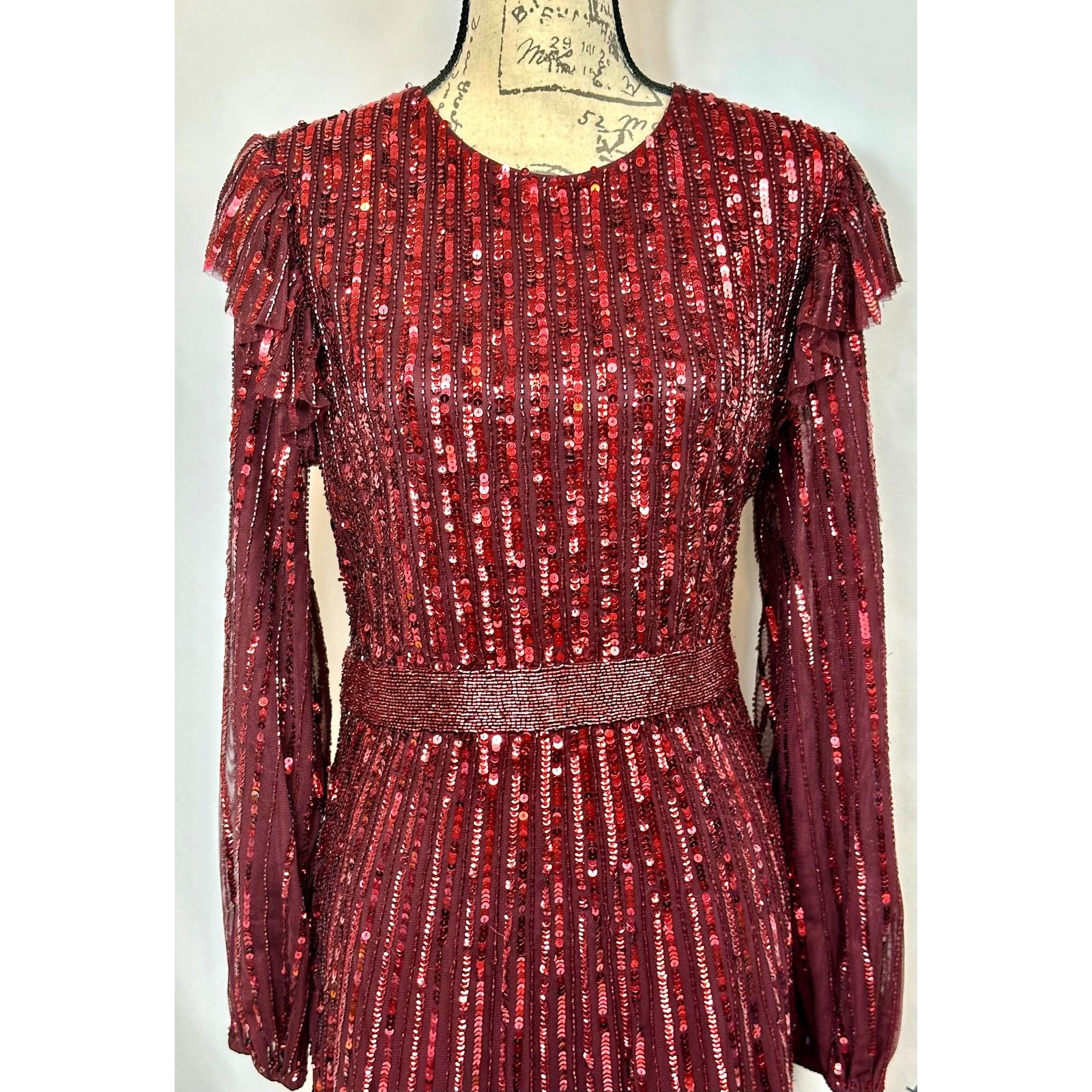 Other Mac Duggal Long Sleeve Ruffle Detail Sequin Dress Red 12 Size XL / US 12-14 / IT 48-50 - 9 Thumbnail