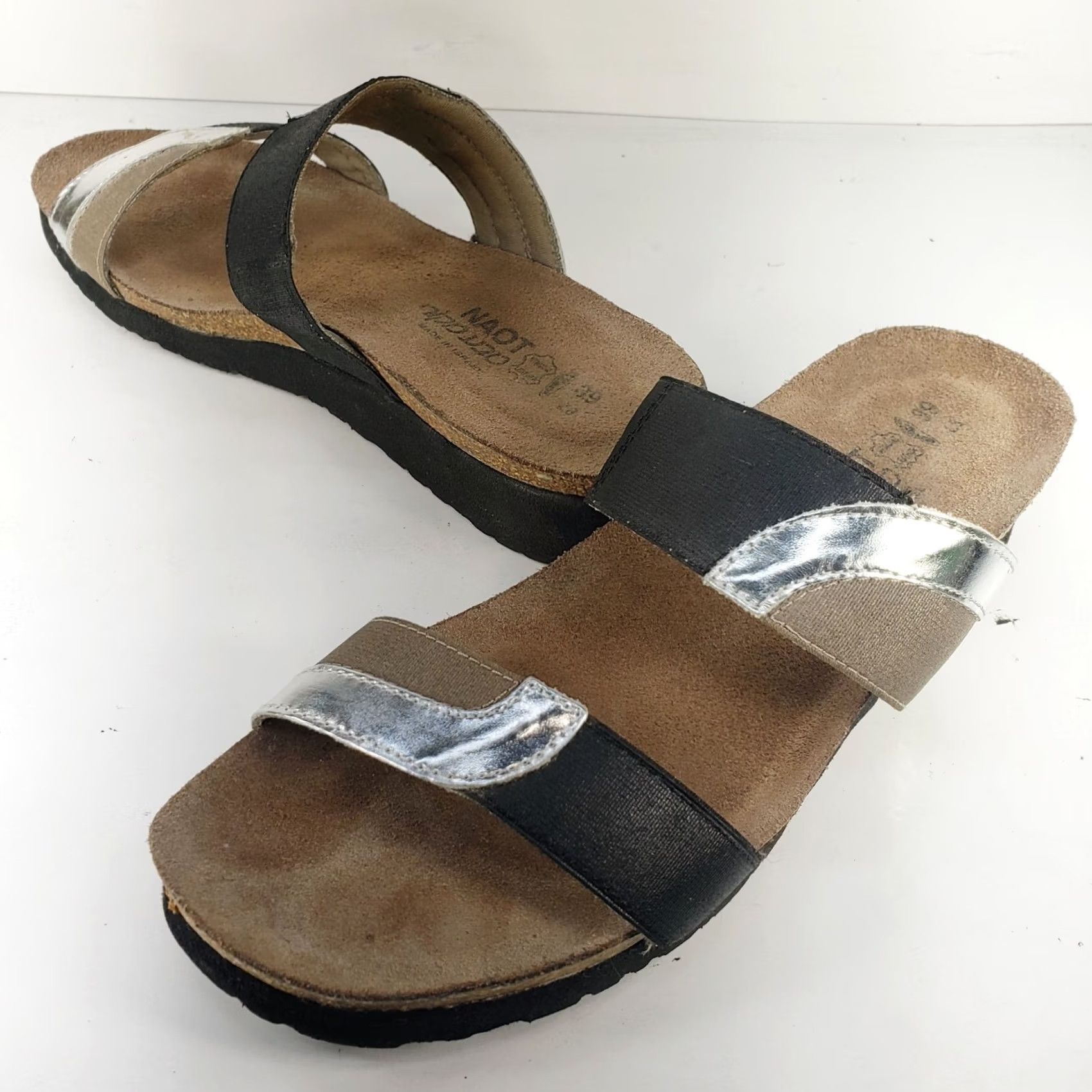 Vintage Naot Women's Sandal Black Silver Metallic Beige Leather Slide Wedge Rhinestone Open Toe 8 Slip-On Leather Insole Outsole Rubber Women Size US 8 / IT 38 - 2 Thumbnail