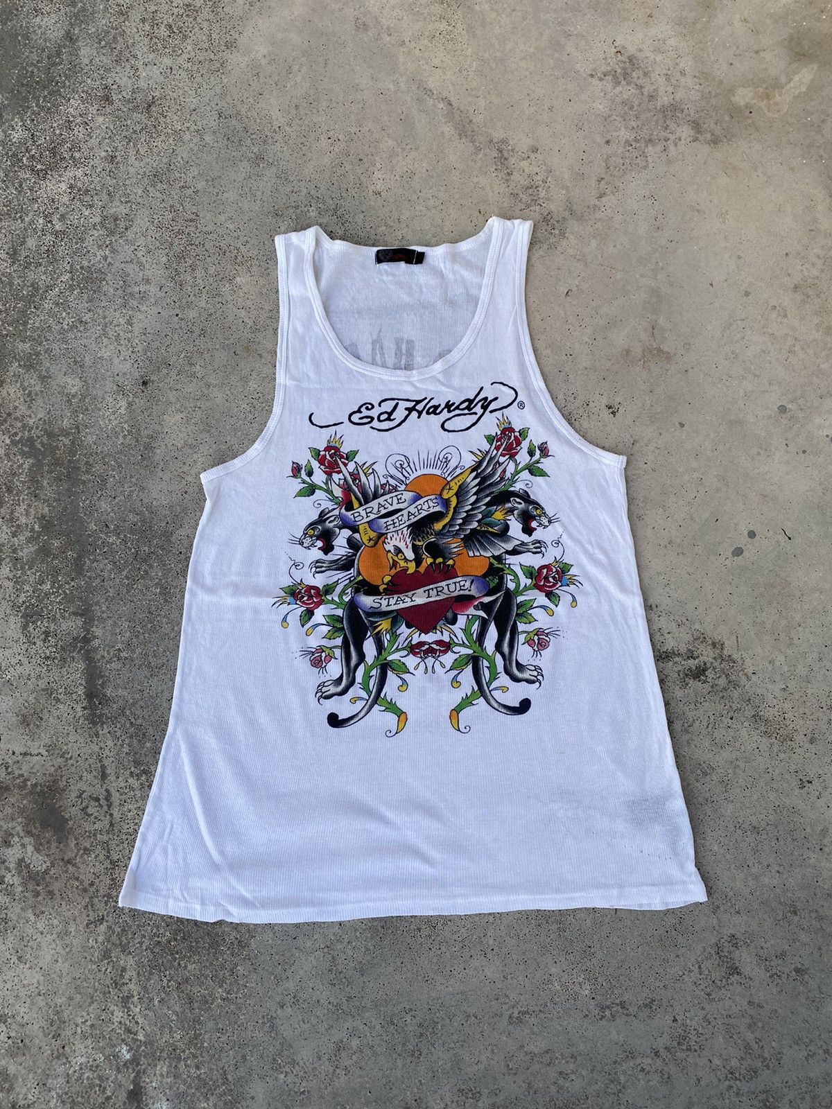 image of Vintage Y2K Ed Hardy “Brave Hearts Stay True” Skull Tees in White, Men's (Size Medium)