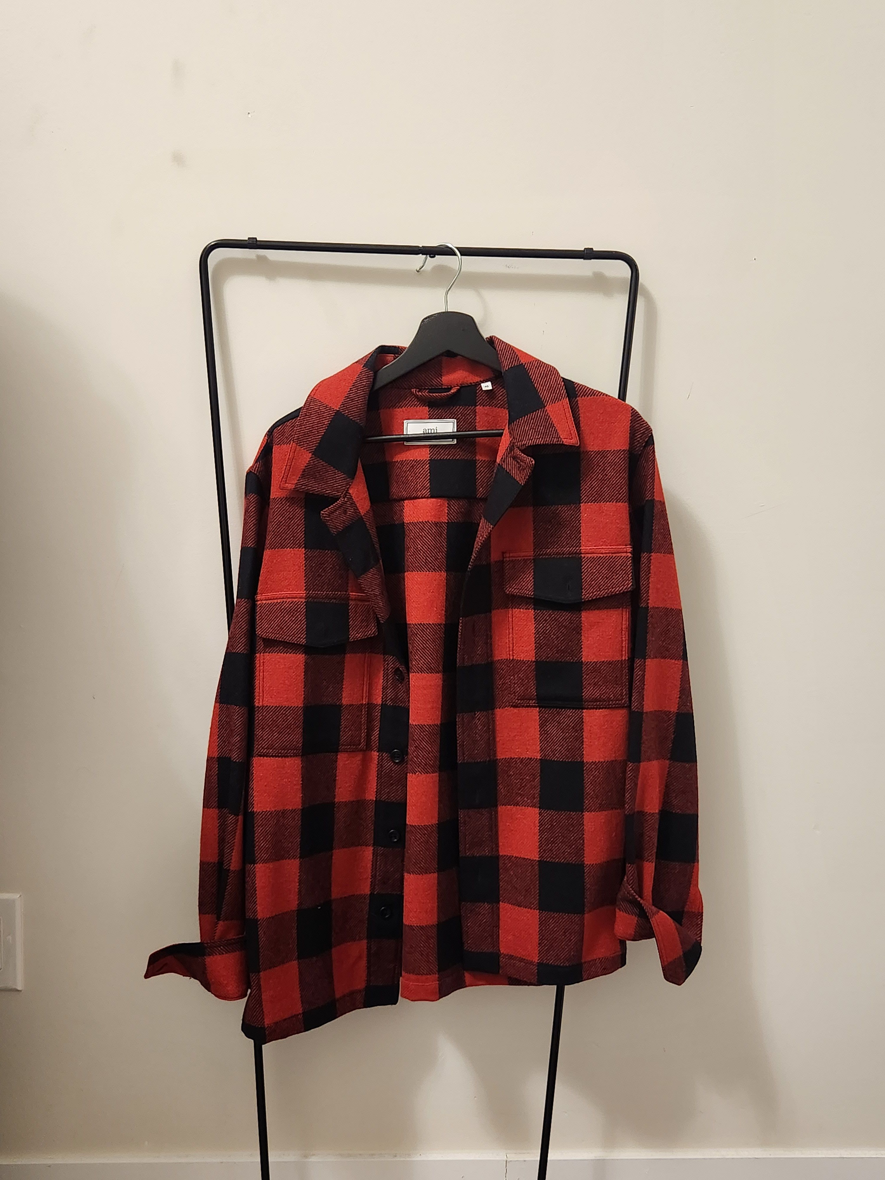 image of Ami Virgin Wool Plaid Overshirt in Red, Men's (Size Medium)