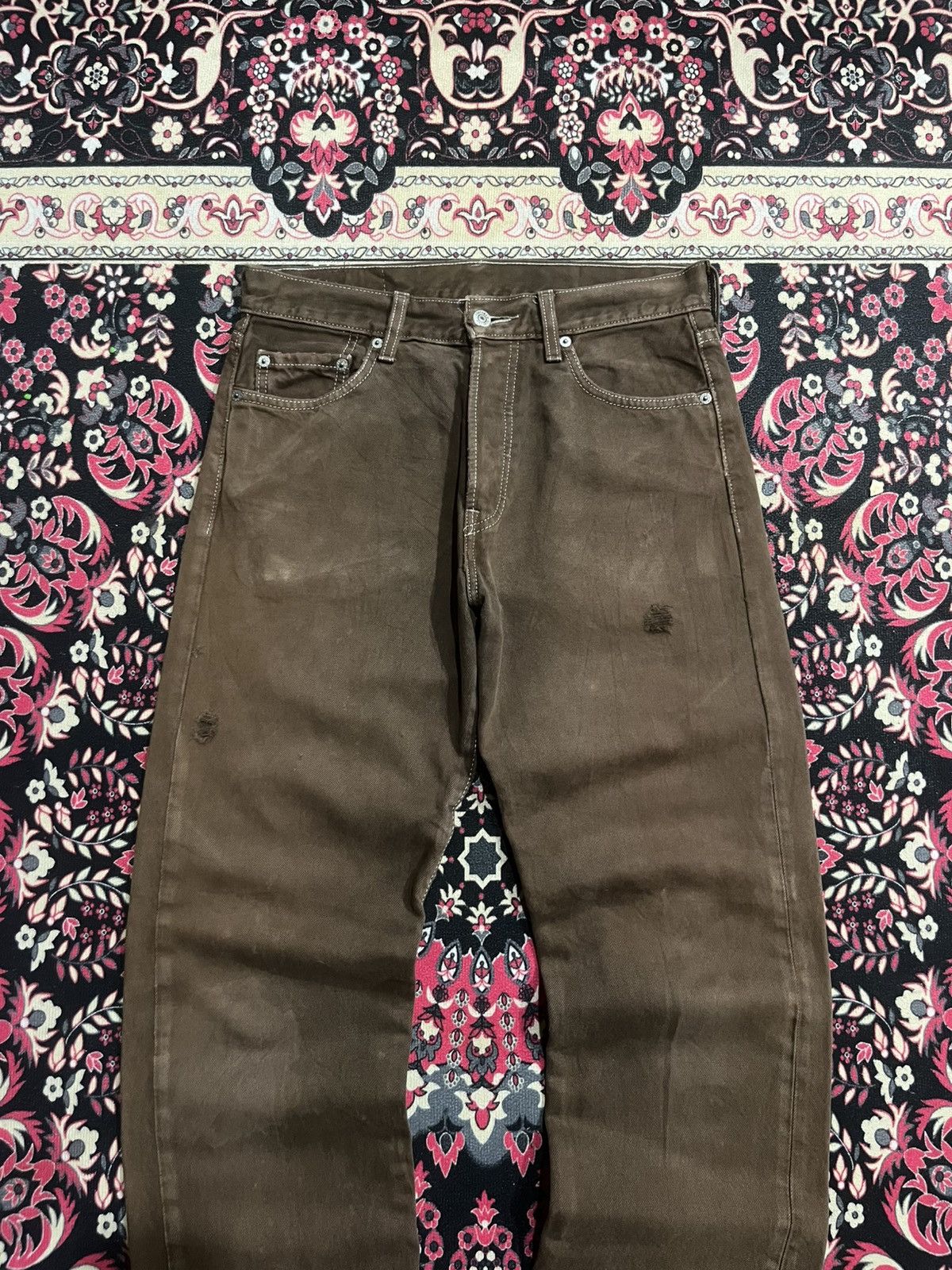 Levi's ⚡️Vintage⚡️Y2K Levis 501 Buttonfly Brown Wash Distressed Jeans Size US 30 / EU 46 - 3 Thumbnail