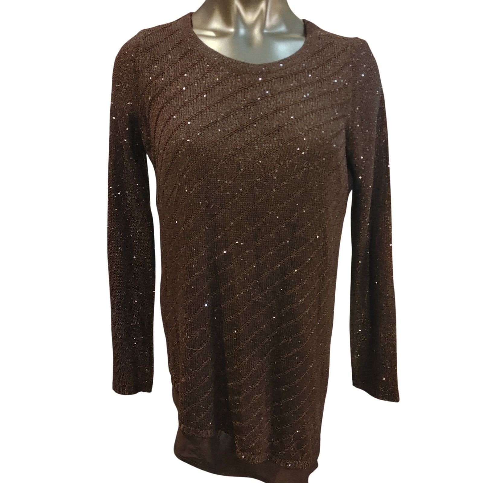 Apt. 9 Apt.9 Women M Brown Sparkly Tight Knit Crochet Long Sleeve Size M / US 6-8 / IT 42-44 - 1 Thumbnail