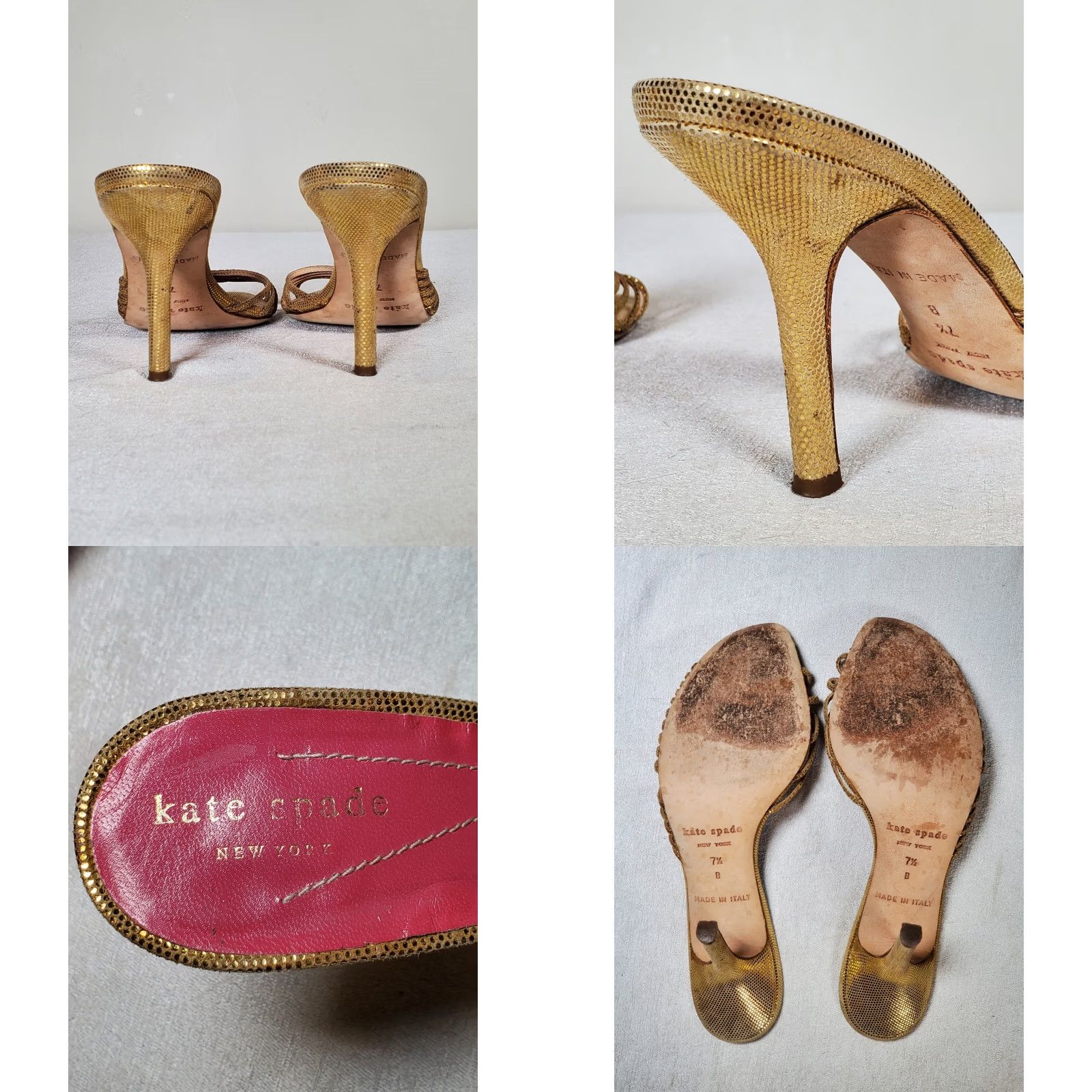 Vintage Kate Spade New York Gold Metallic Leather Open Toe Slip On High Heels Women US 7.5 B Italy Stiletto Size US 8 / IT 38 - 8 Thumbnail