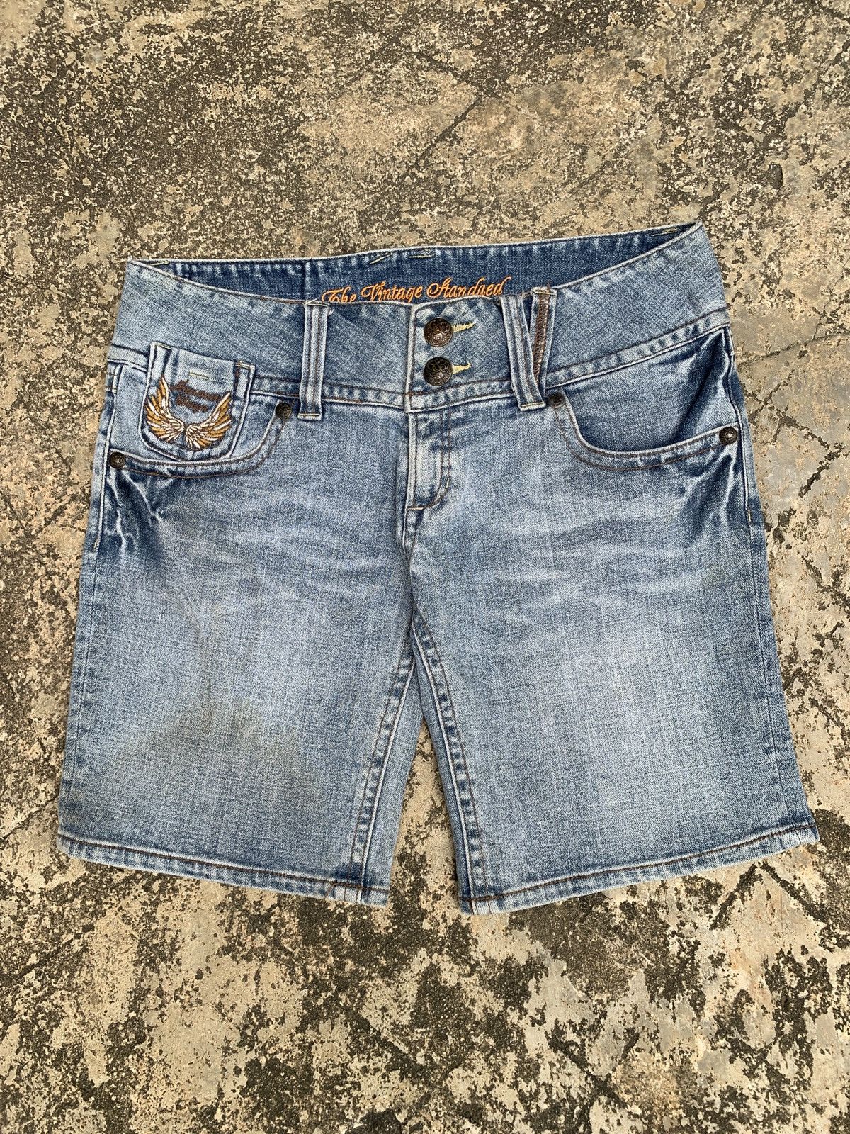 Japanese Brand × Vintage y2k Heaven Wings Skull Motorcycles Big Embroidery Jorts Size 31" - 3 Thumbnail