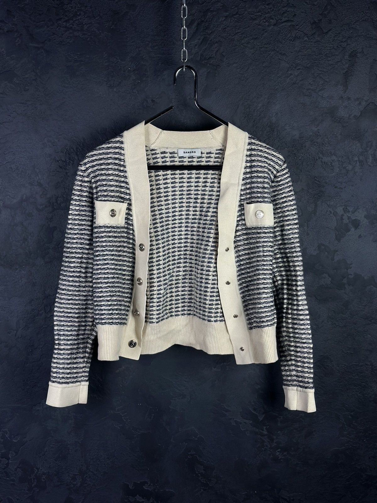 Designer × Sandro SANDRO Striped V-neck Wool Cardigan Size 1 Size S / US 4 / IT 40 - 5 Thumbnail