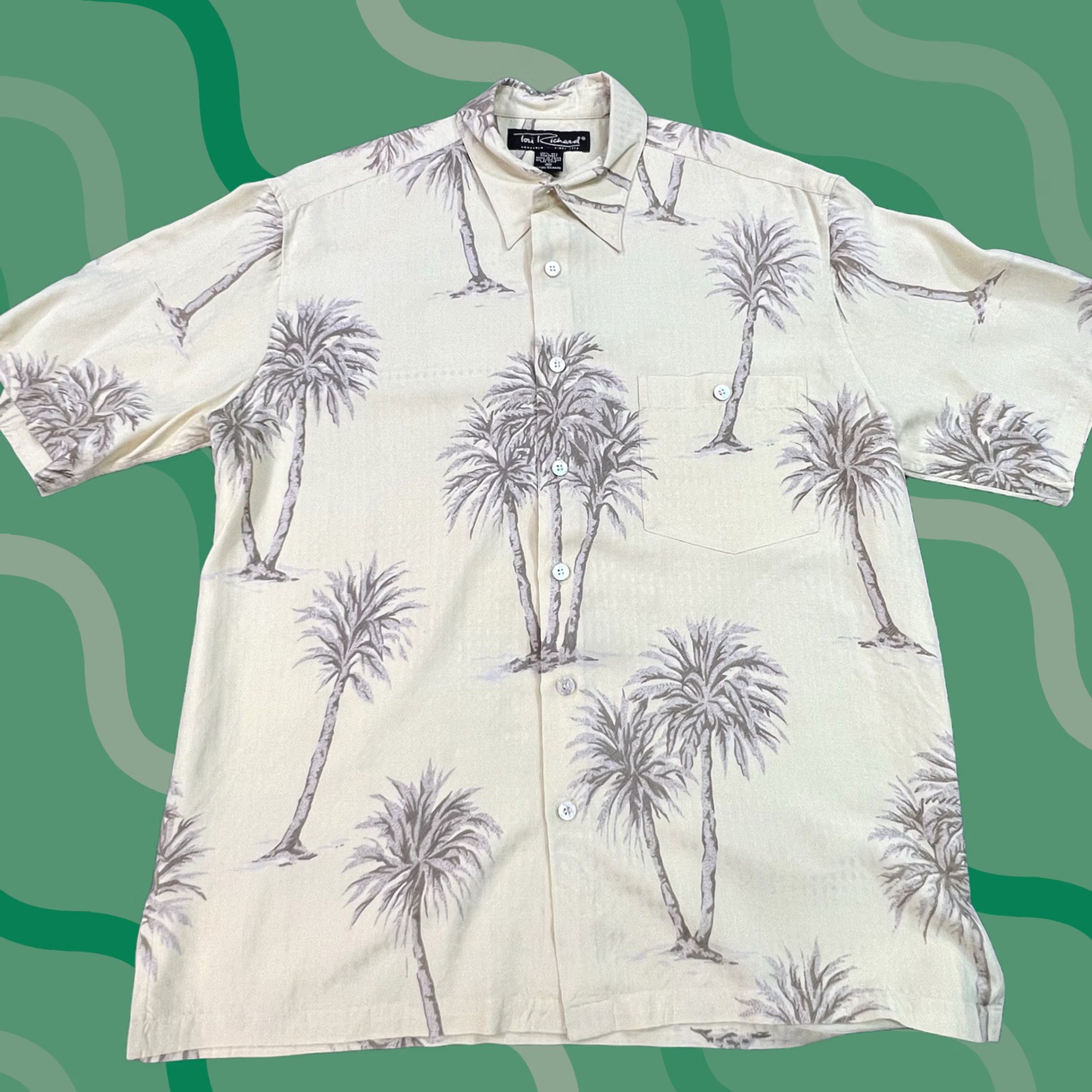 Tori Richard Tori Richard Hawaiian Shirt Mens M 100% Silk Palm Trees All Over Print Button-Up Collared Short Sleeve Yellow Present Day Shipping Free Returns Size US M / EU 48-50 / 2 - 1 Thumbnail