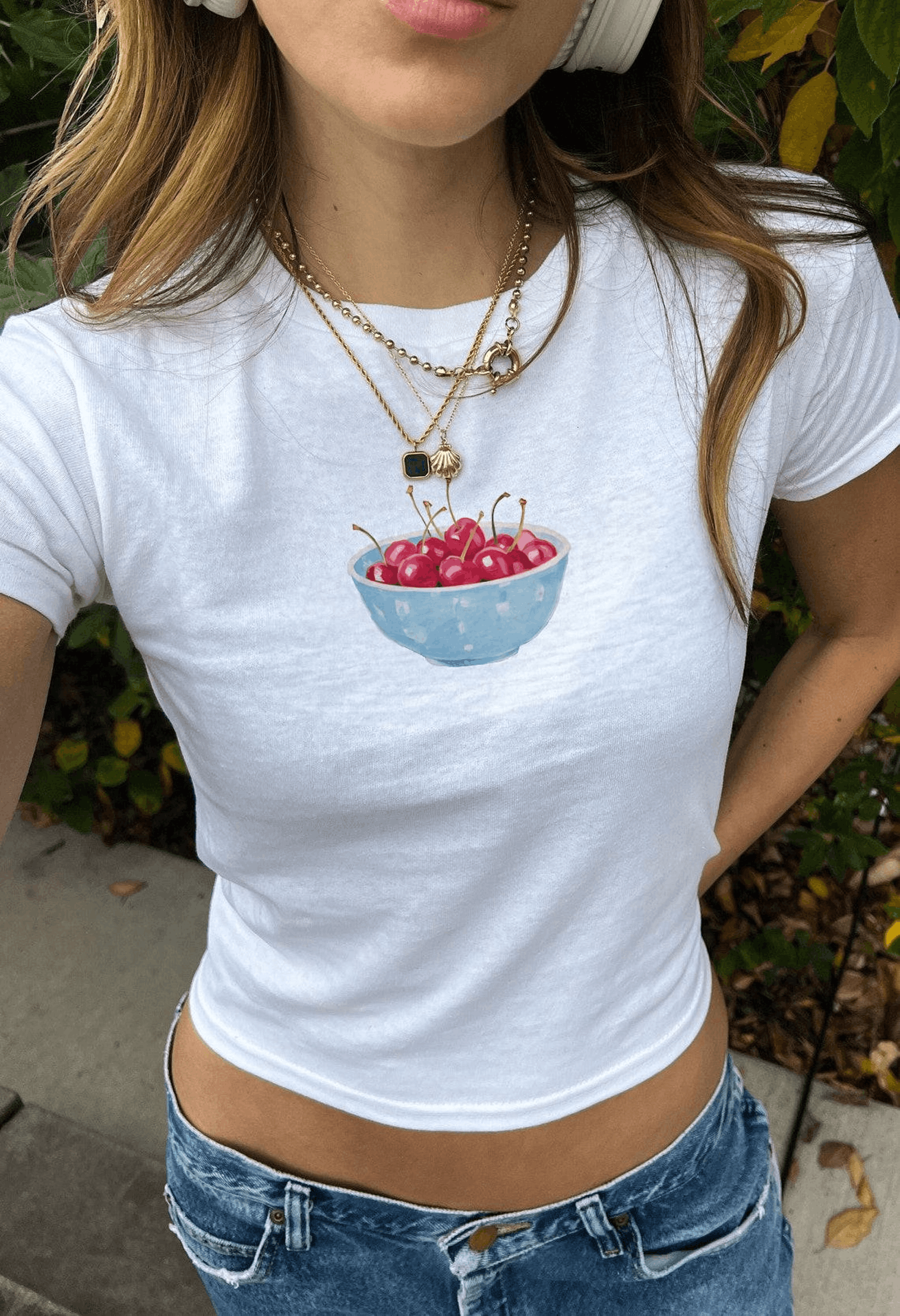 Other Painted Blue Bowl of Cherries Baby Tee Size XL / US 12-14 / IT 48-50 - 3 Thumbnail