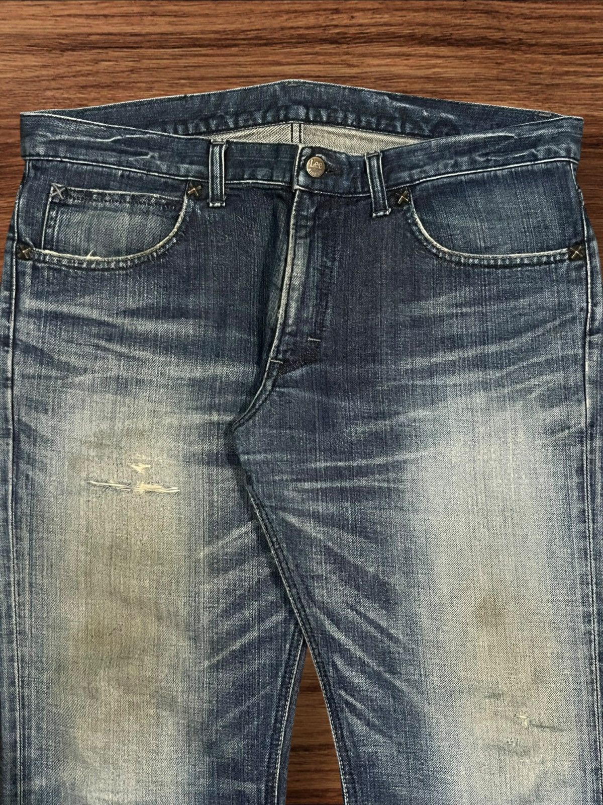 Lee × Vintage ⚡️Flare⚡️Vintage Lee Rider Dark Blue Washed Distressed Jeans Size US 36 / EU 52 - 4 Thumbnail