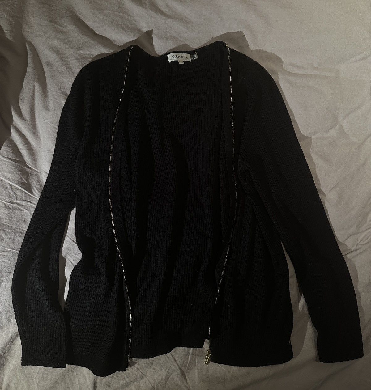 Calvin Klein Gold Accent Ribbed Zip-Up Cardigan Size M / US 6-8 / IT 42-44 - 3 Thumbnail