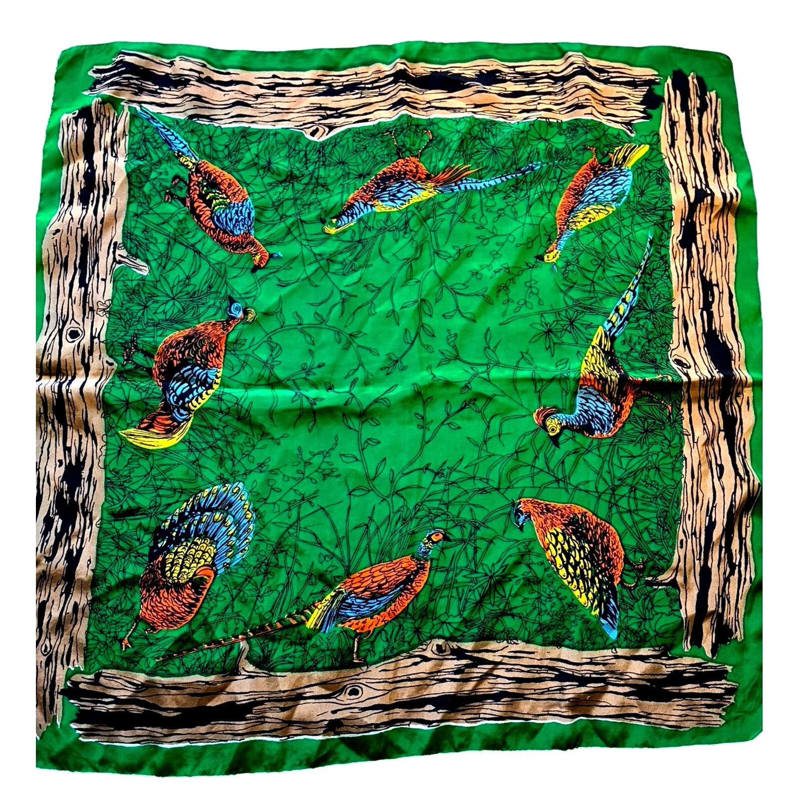 Other VTG Scarf Pheasant Bird Nature Green Hunting Wood Border 70s Size ONE SIZE - 9 Thumbnail