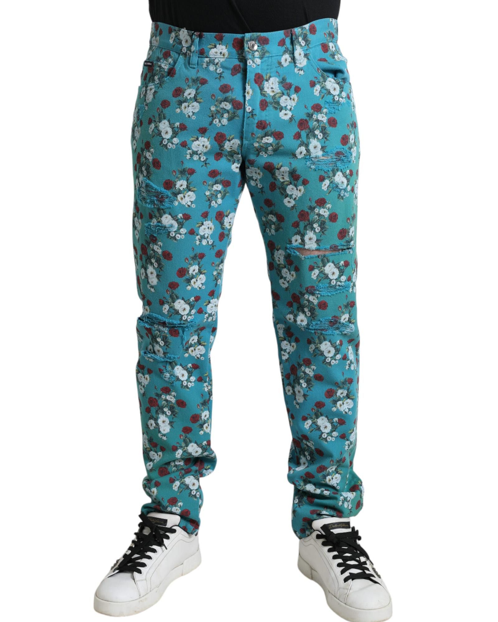 image of Dolce Gabbana Floral Print Skinny Cotton Denim Pants in Blue, Men's (Size 30)