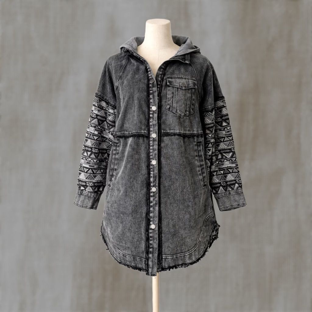 Denime Oli & Hali Jacket Shacket Black Size S Patchwork Flannel Denim Corduroy Button Snap Casual Workwear Oversize Women Size S / US 4 / IT 40 - 1 Thumbnail
