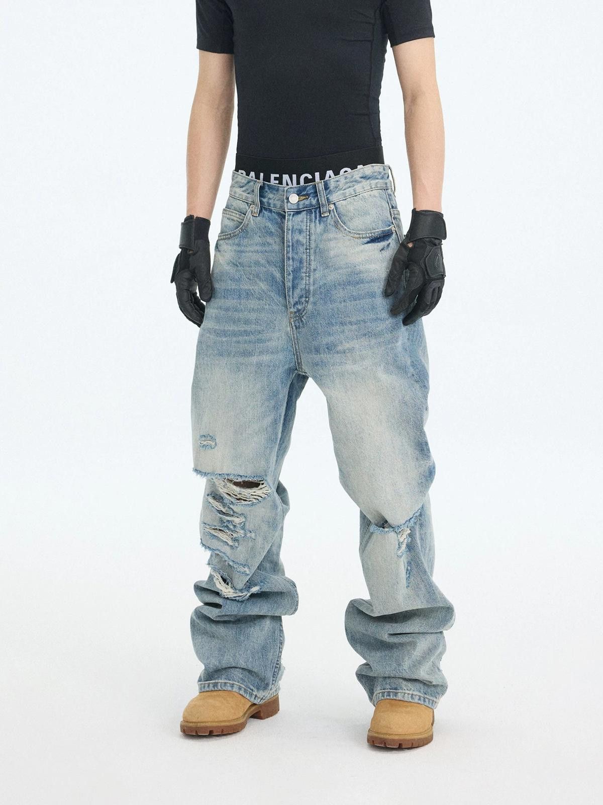 Jean Washed Blue Heavy Slash Destroy Slim Straight Denim Jeans Size US 32 / EU 48 - 5 Thumbnail