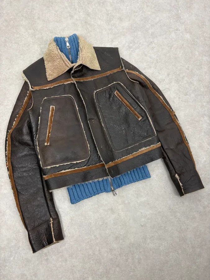 Dsquared2 FW2002 Dsquared2 Brown Leather & Blue Wool Layered Sherling Jacket Size US S / EU 44-46 / 1 - 5 Thumbnail