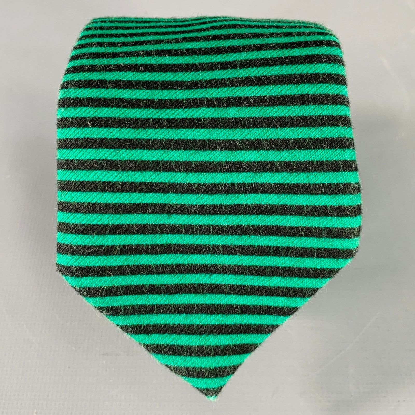 Adam Kimmel ADAM KIMMEL Green Black Stripe Cotton Skinny Tie Size ONE SIZE - 1 Thumbnail