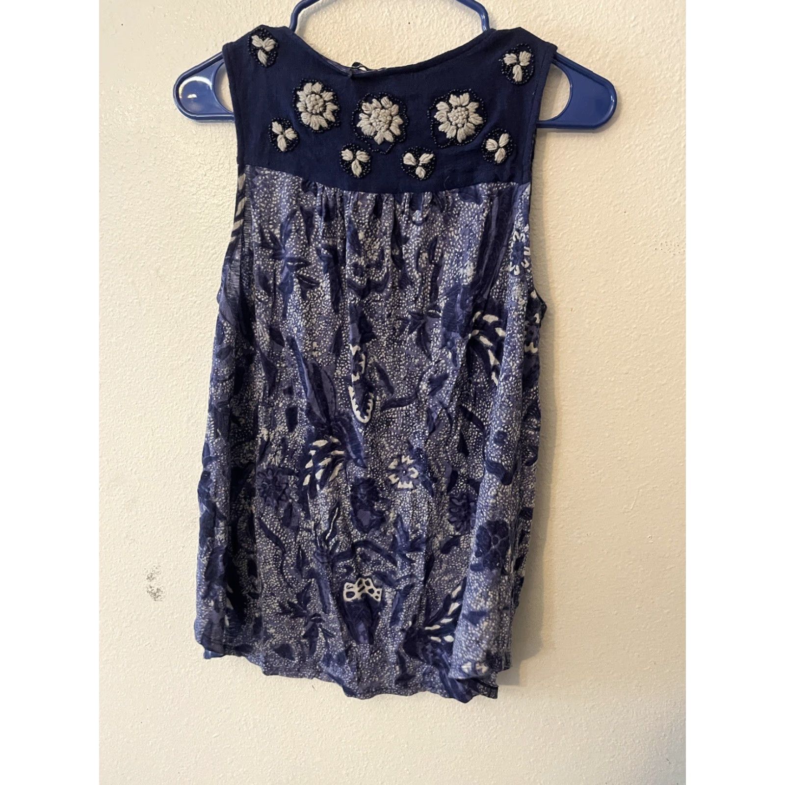 Lucky Brand Lucky Brand Tank Shaped Sleeve Vest Adult Small Blue Floral Beaded Embroidered Bohemian Casual Sleeveless Cotton Modal Women S Size S / US 4 / IT 40 - 3 Thumbnail