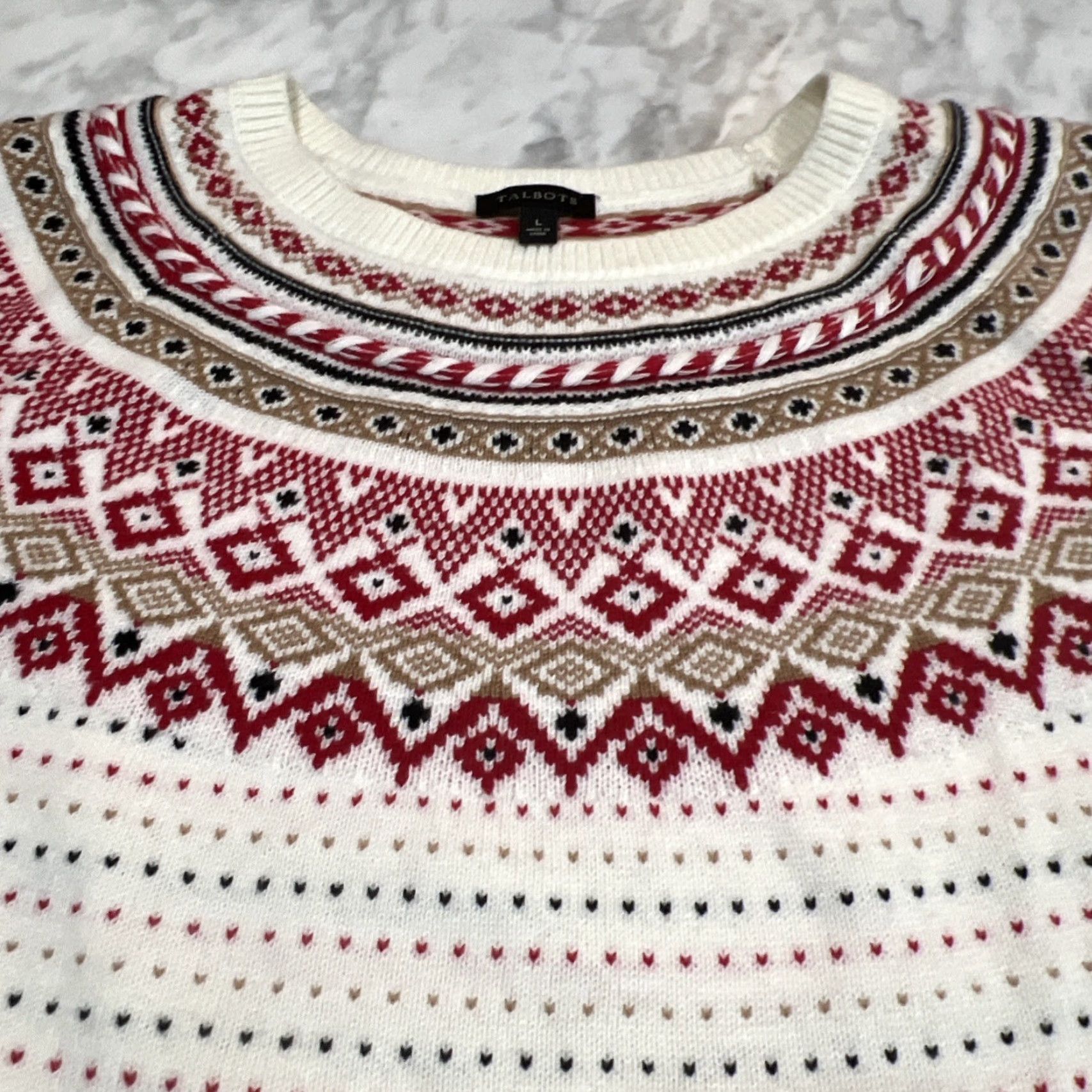 Talbots Talbots Fair Isle Crew Neck Lamb Wool Knit Sweater Large Red Cream & Black Shirt Womens L Multicolor Holiday Preppy Casual Knit Pullover Size L / US 10 / IT 46 - 3 Thumbnail