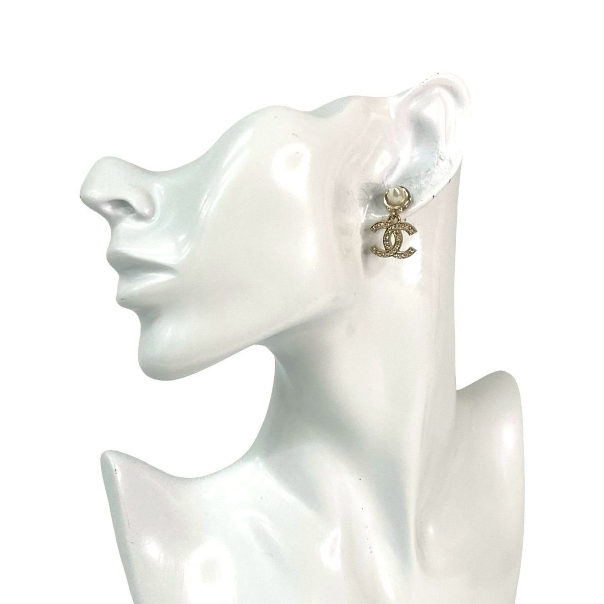 CHANEL Coco Mark GP Rhinestone and Faux Pearl Earrings Gold 11874