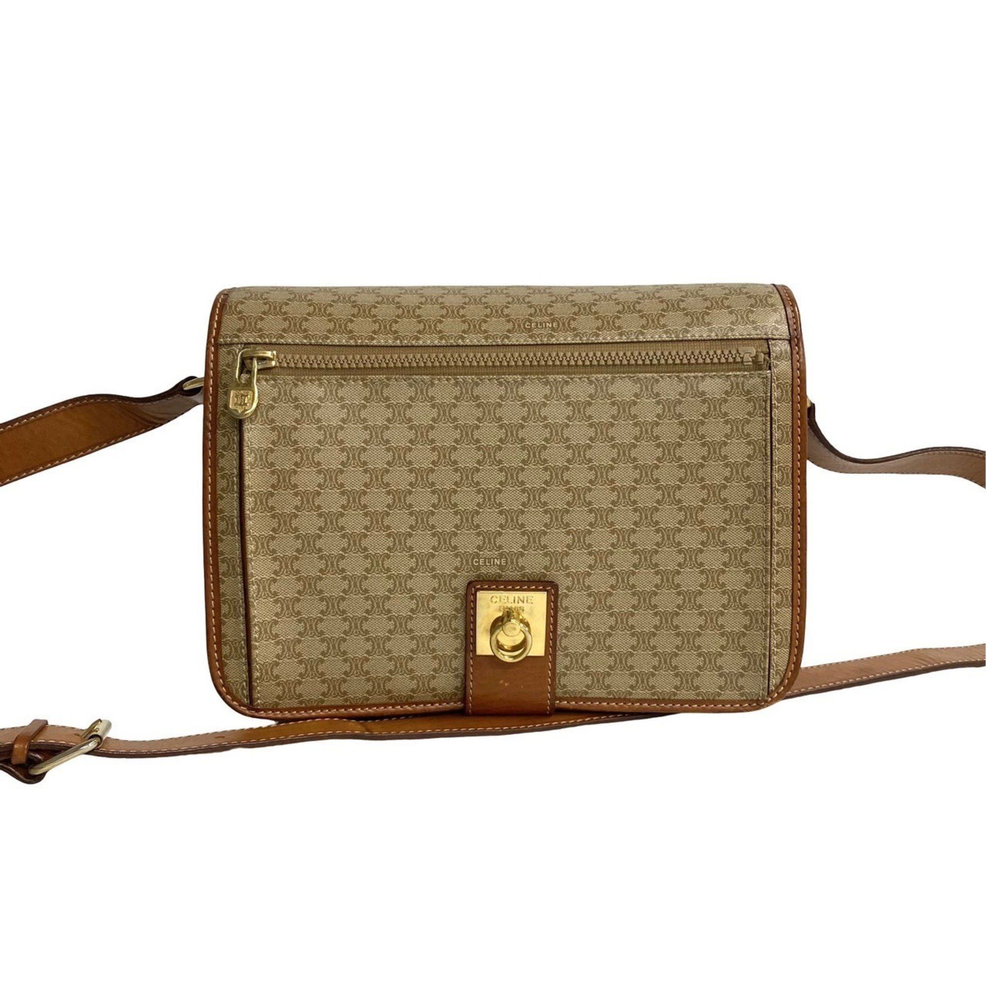 image of Celine Macadam Blason Ring Leather Shoulder Bag Pochette Sacoche Brown Beige 92077, Women's