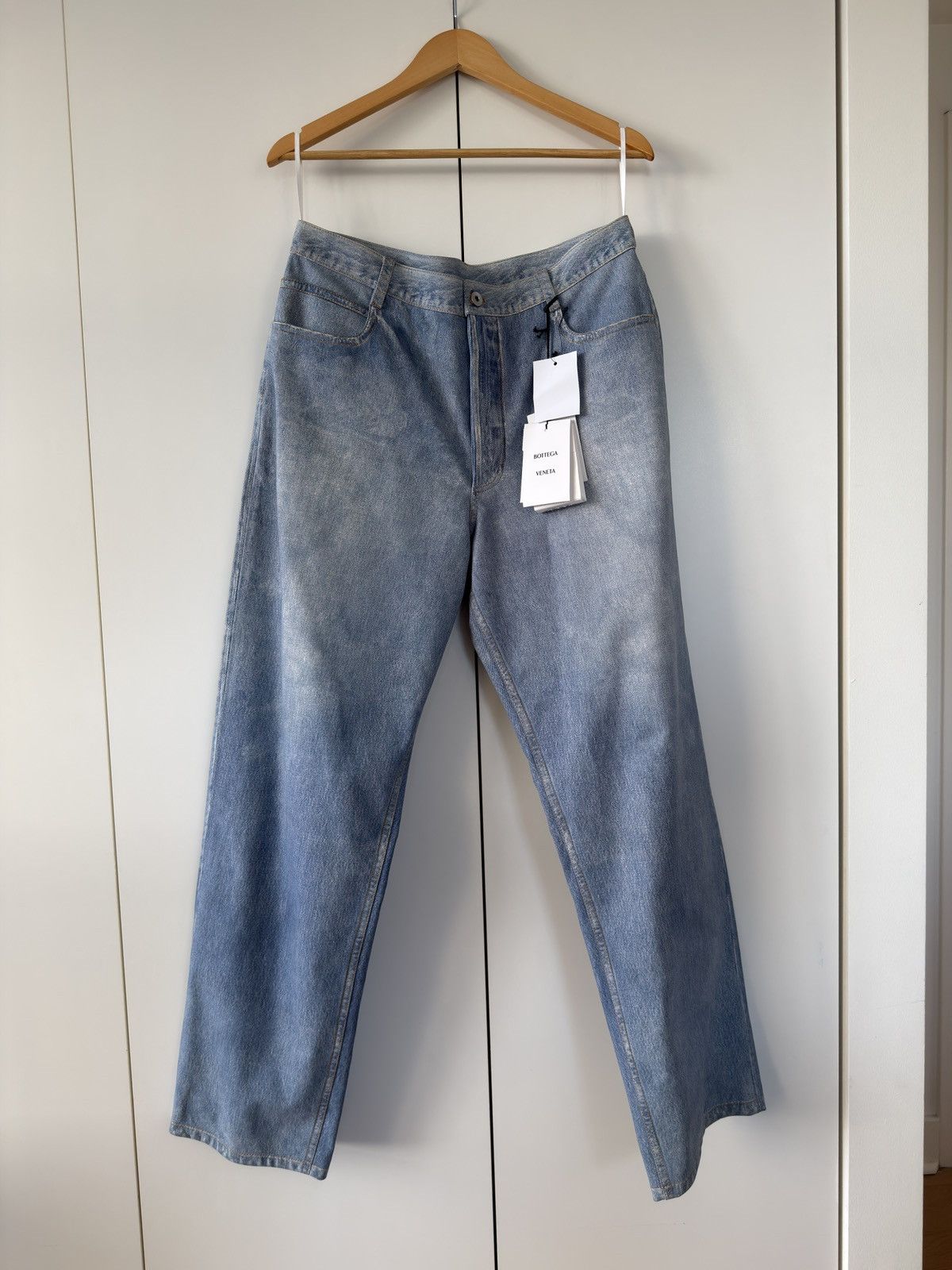 Bottega Veneta BNWT Light Blue Printed Denim Leather Straight Leg Pants 50 Size US 34 / EU 50 - 1 Thumbnail