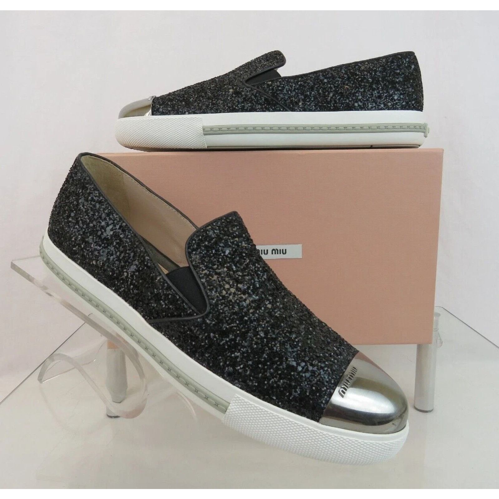 Miu Miu NIB MIU MIU PRADA 5S9 BLACK GLITTER LOGO LOAFERS SNEAKERS 41 Size US 11 / IT 41 - 1 Thumbnail
