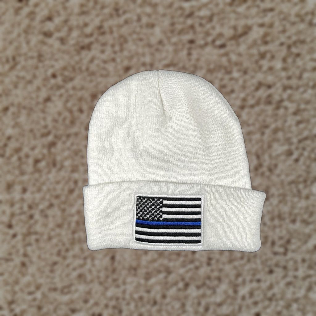Vintage Thin Blue Line American Flag Beanie Mens One Size White Knit USA Winter Hat Size ONE SIZE - 1 Thumbnail