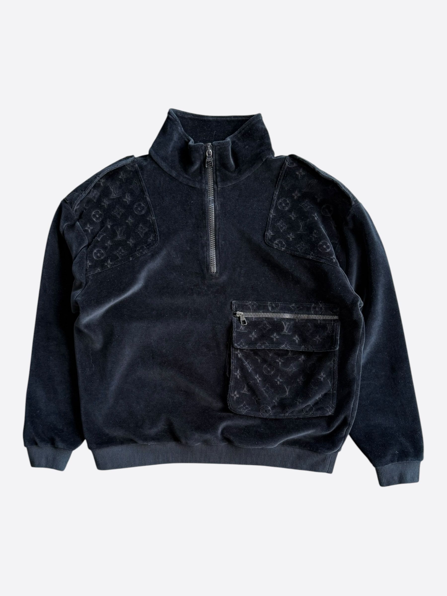 Louis Vuitton Louis Vuitton Black Velour Monogram Quarter Zip Sweater Size US M / EU 48-50 / 2 - 1 Thumbnail