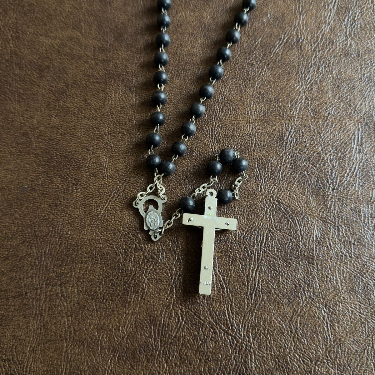 Black Bead Alloy Rosary Cross Necklace