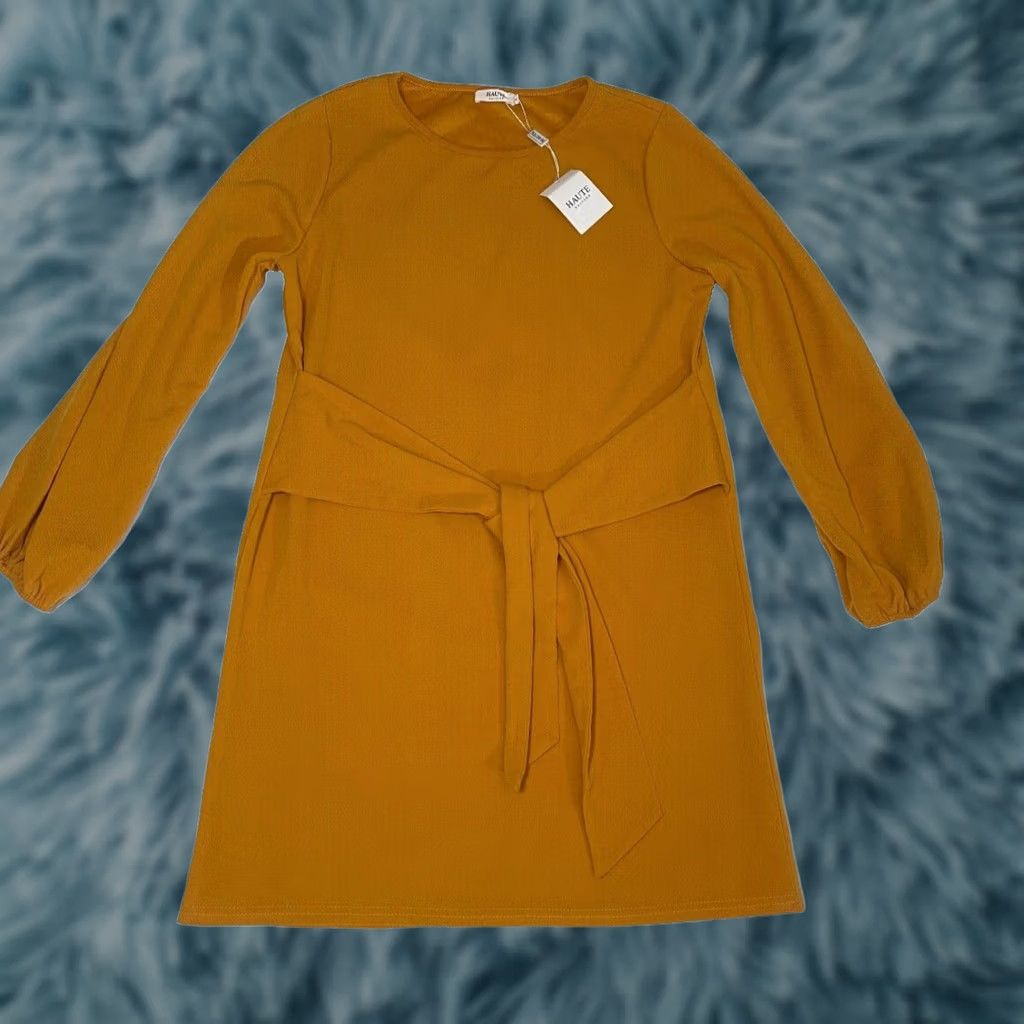 Vintage NWT Haute Tie Dress Womens Large Yellow Long Sleeve Front Casual Travel Workwear Size L / US 10 / IT 46 - 1 Thumbnail