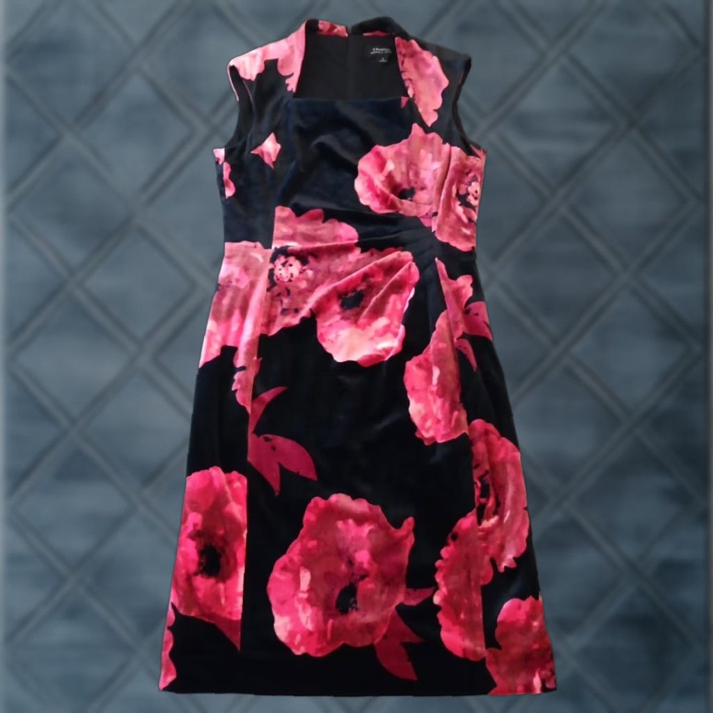 Vintage Tahari Dress Sleeveless Pink Black Floral Knee Length Velvet Lined Zip Square Neck Size 6 Women's Pencil Dress XS? Size M / US 6-8 / IT 42-44 - 1 Thumbnail