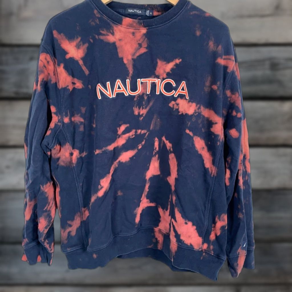 Nautica Nautica Sweatshirt Men's XL Dark Blue Orange Bleach Tie Dye Spell Out Crewneck Vintage Graphic Print Pullover Hoodie? Size US XL / EU 56 / 4 - 1 Thumbnail