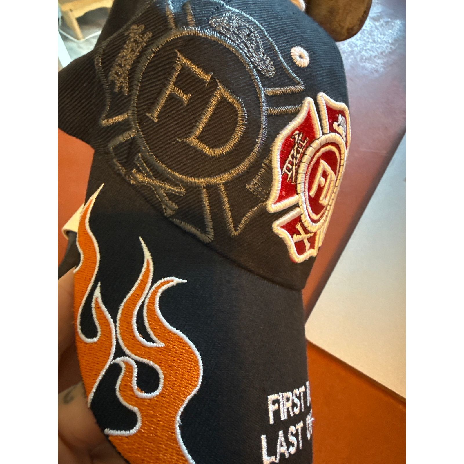 Other Fire Department Hat Orange Flames “First In Last Out” Size ONE SIZE - 6 Thumbnail