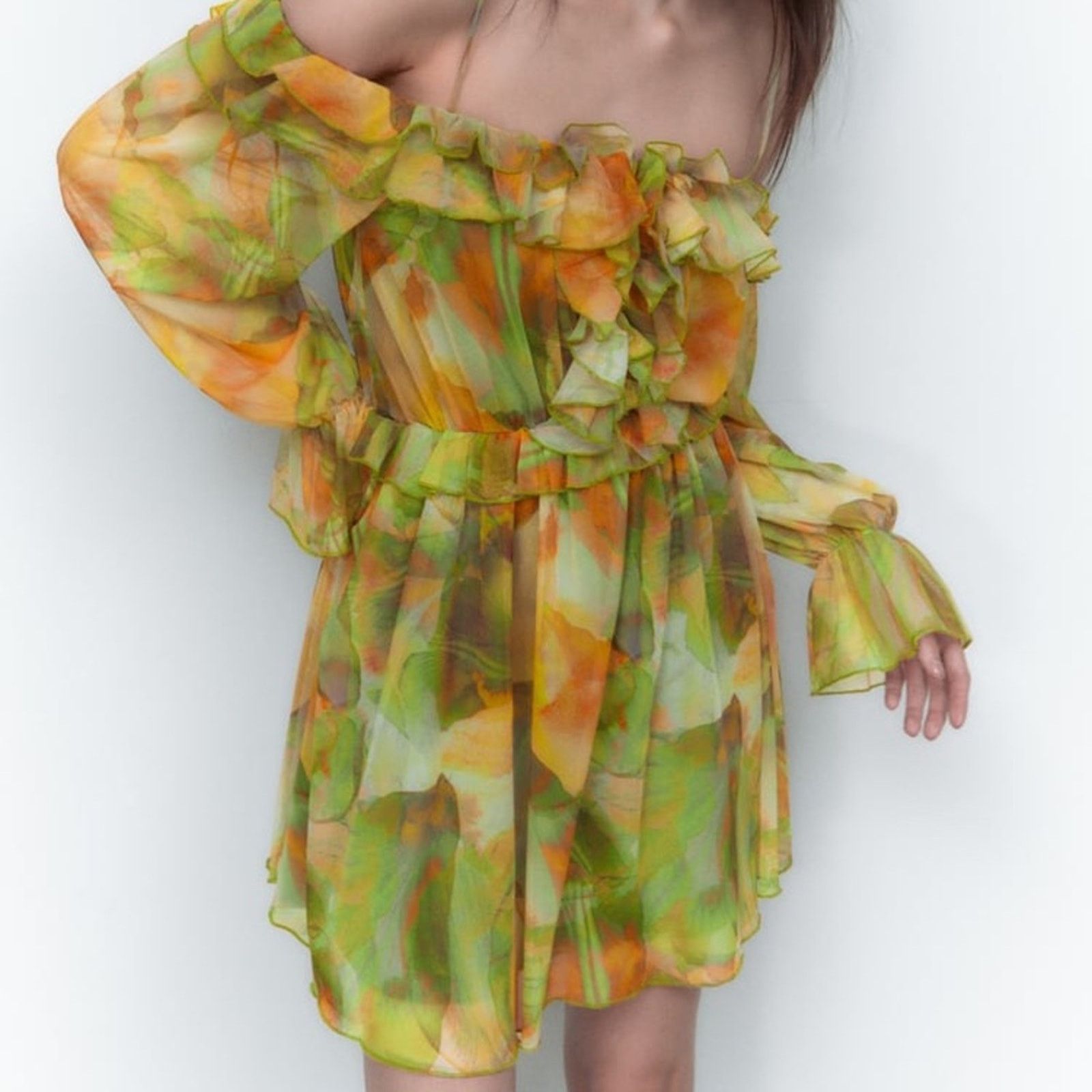 Zara ZARA BLOGGER FAVORITE PRINTED TULLE DRESS GREEN Size S / US 4 / IT 40 - 9 Thumbnail