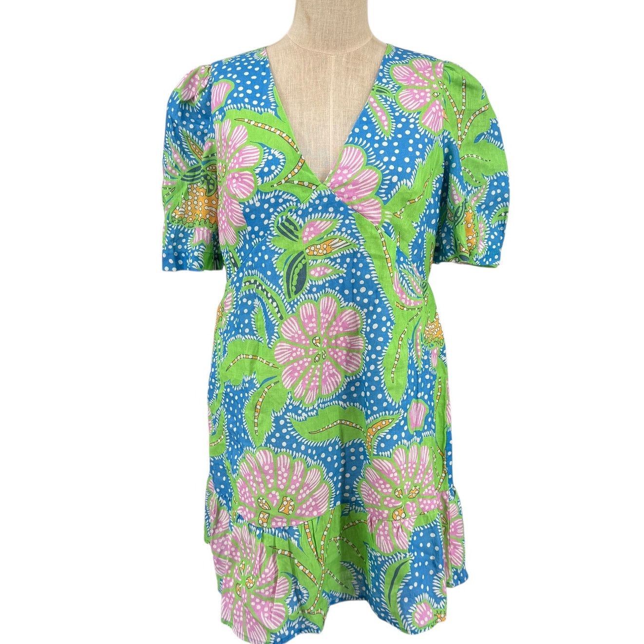 RHODE Rhode Mariana Dress Blue Psychedelic Flower Linen 14 NWT Size XL / US 12-14 / IT 48-50 - 2 Thumbnail