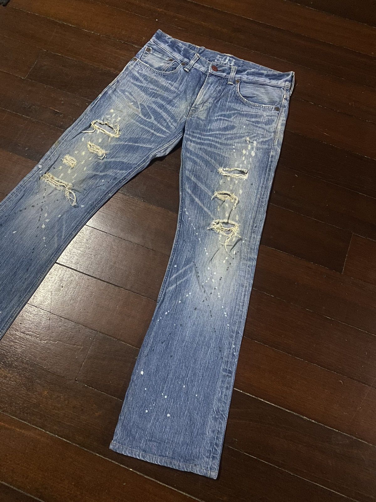 Designer × Edwin FIRE 🔥 EDWIN BLUE TRIP 503 WIDE LEG BOOT CUT DISTRESSED Size US 35 - 3 Thumbnail