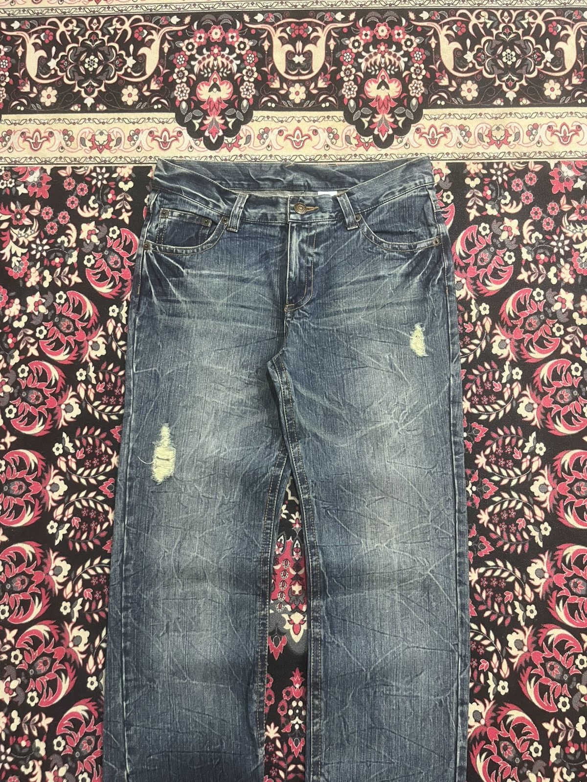 Japanese Brand Vintage Japan Gurion Cracked Fringe Blue Washed Jeans Size US 32 / EU 48 - 3 Thumbnail