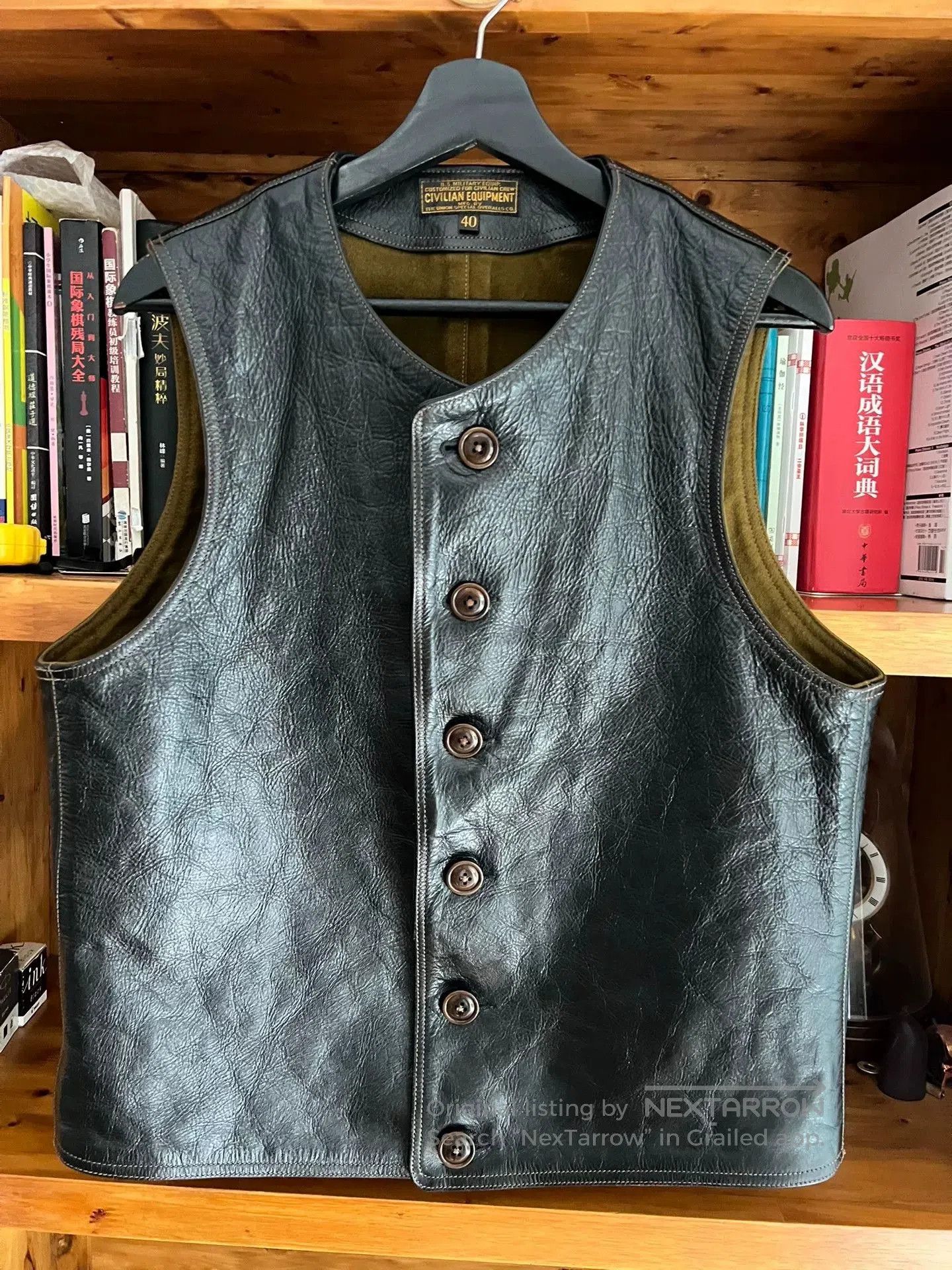 Freewheelers black leather vest with military green lining. Size US M / EU 48-50 / 2 - 1 Thumbnail