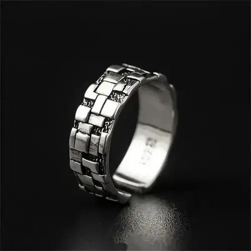 Jewelry x Ring Gold Plated Geometric Block Pattern Ring in Silver, Men's