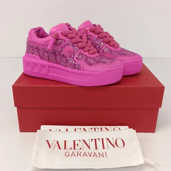 Valentino Valentino One Stud Fuchsia Sneakers w/ Iconographe Crystals Size US 7 / IT 37 - 1 Thumbnail