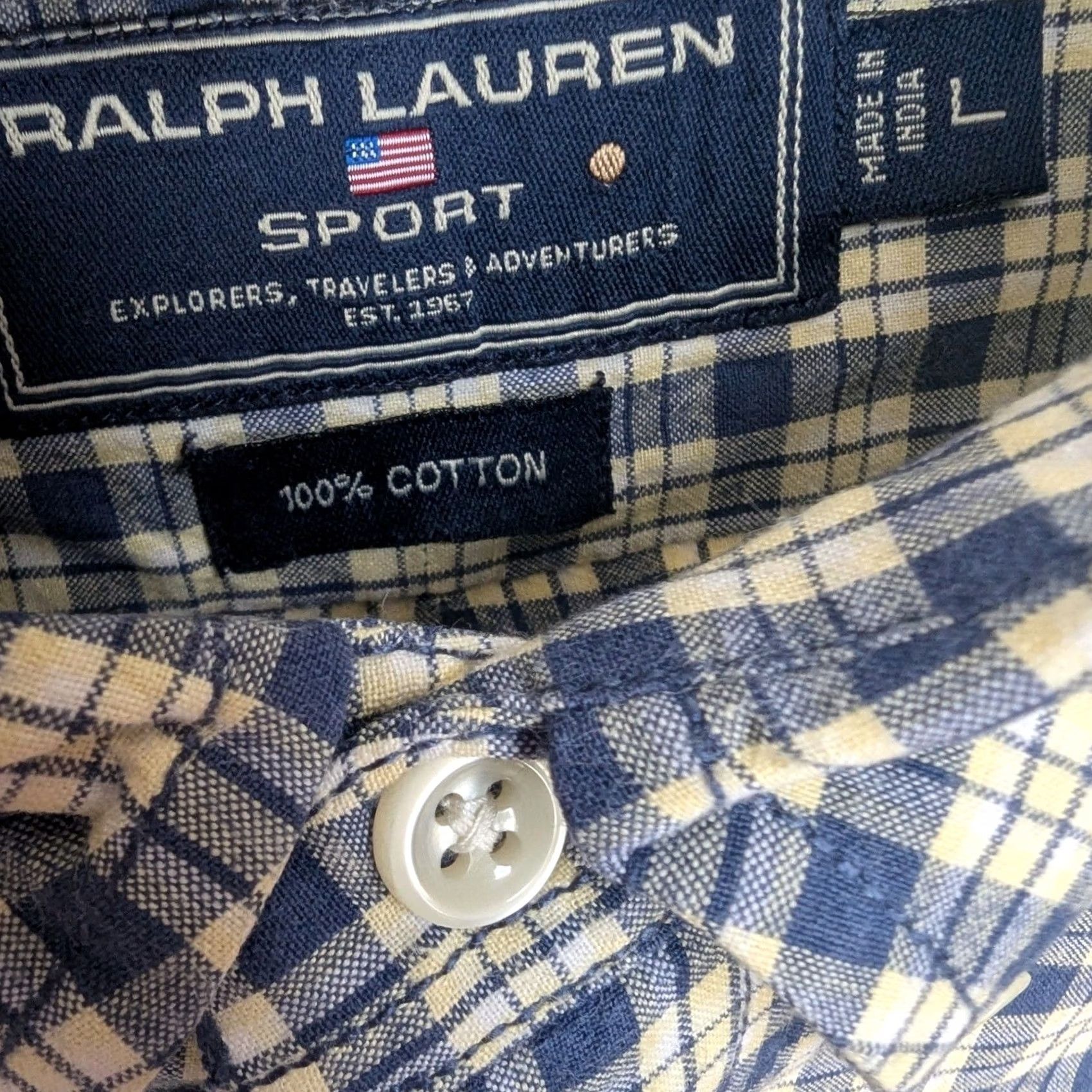 Polo Ralph Lauren Ralph Lauren Sport Short Sleeve Plaid Button-Down Shirt Navy Blue Cream Mens L Size US L / EU 52-54 / 3 - 7 Thumbnail