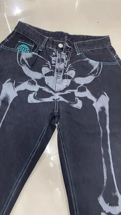 Japanese Brand Skeleton Graphic Print Baggy Jeans Size US 32 / EU 48 - 3 Thumbnail