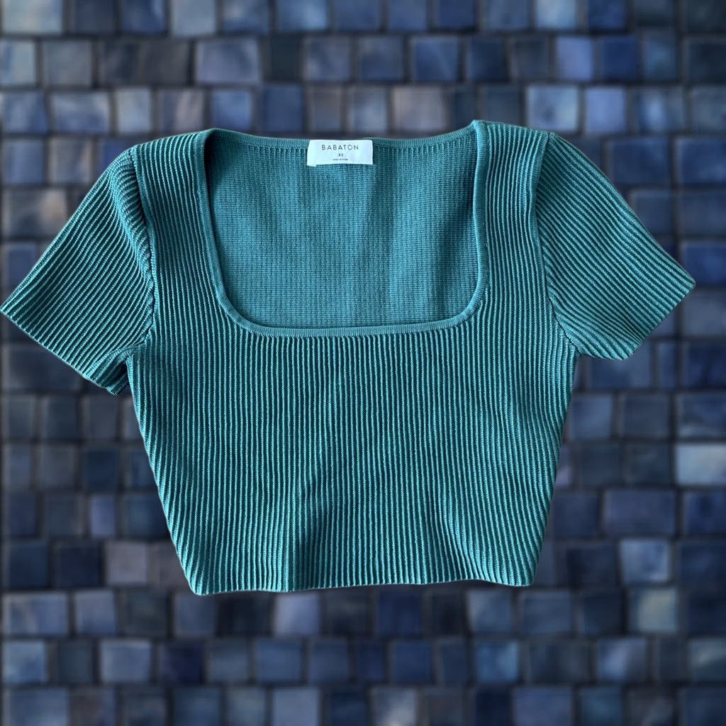 Vintage Babaton Crop Top Green XS Squareneck Ribbed Cap Sleeve Knit Adelaide Sculpt Knit Top Size XS / US 0-2 / IT 36-38 - 1 Thumbnail