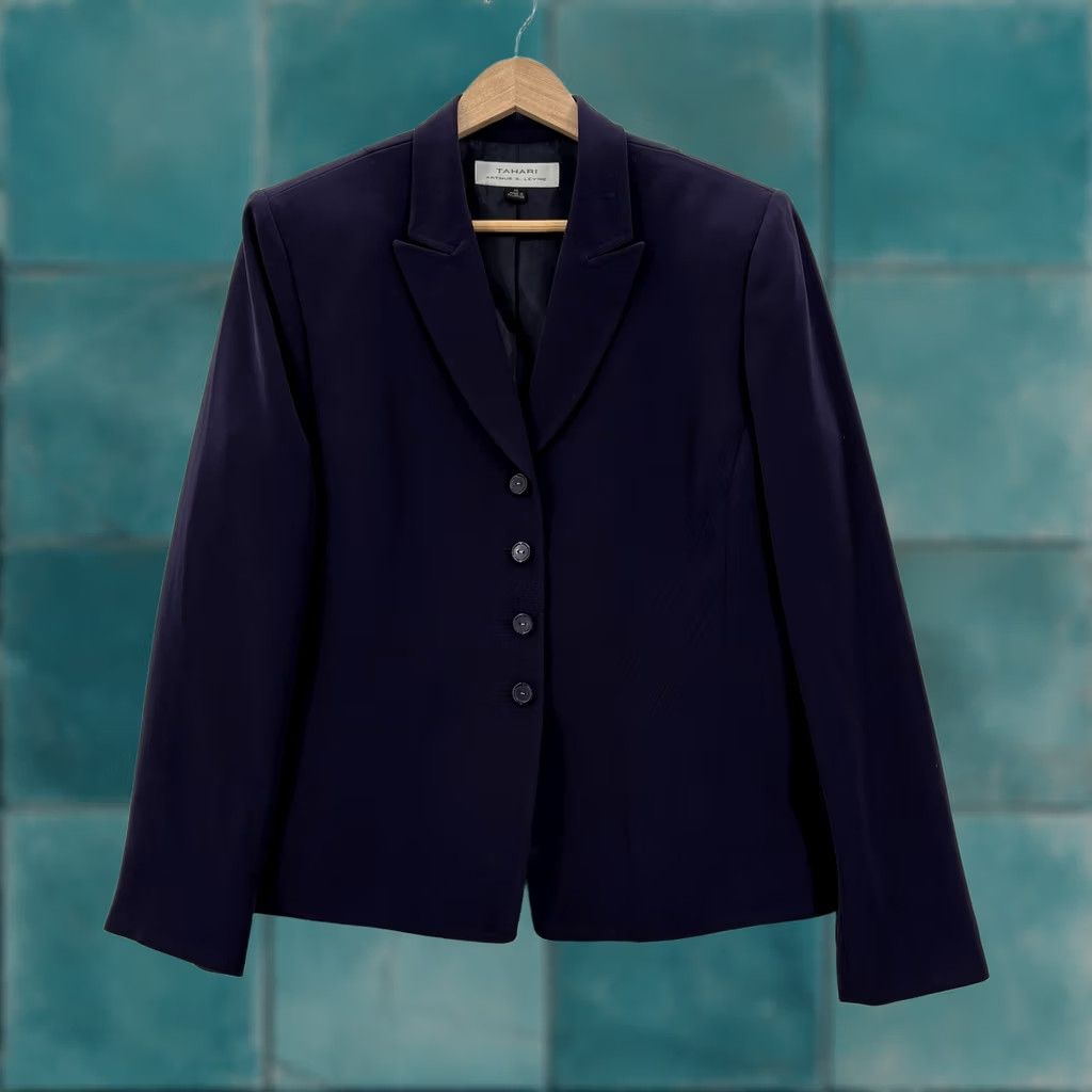 Vintage Tahari Arthur S. Levine Blazer Womens 14 Blue Jamie 4 Button Work Jacket Career Suit Jacket Notch Front Button Four-Button Sold as 1 Piece Size XL / US 12-14 / IT 48-50 - 1 Thumbnail