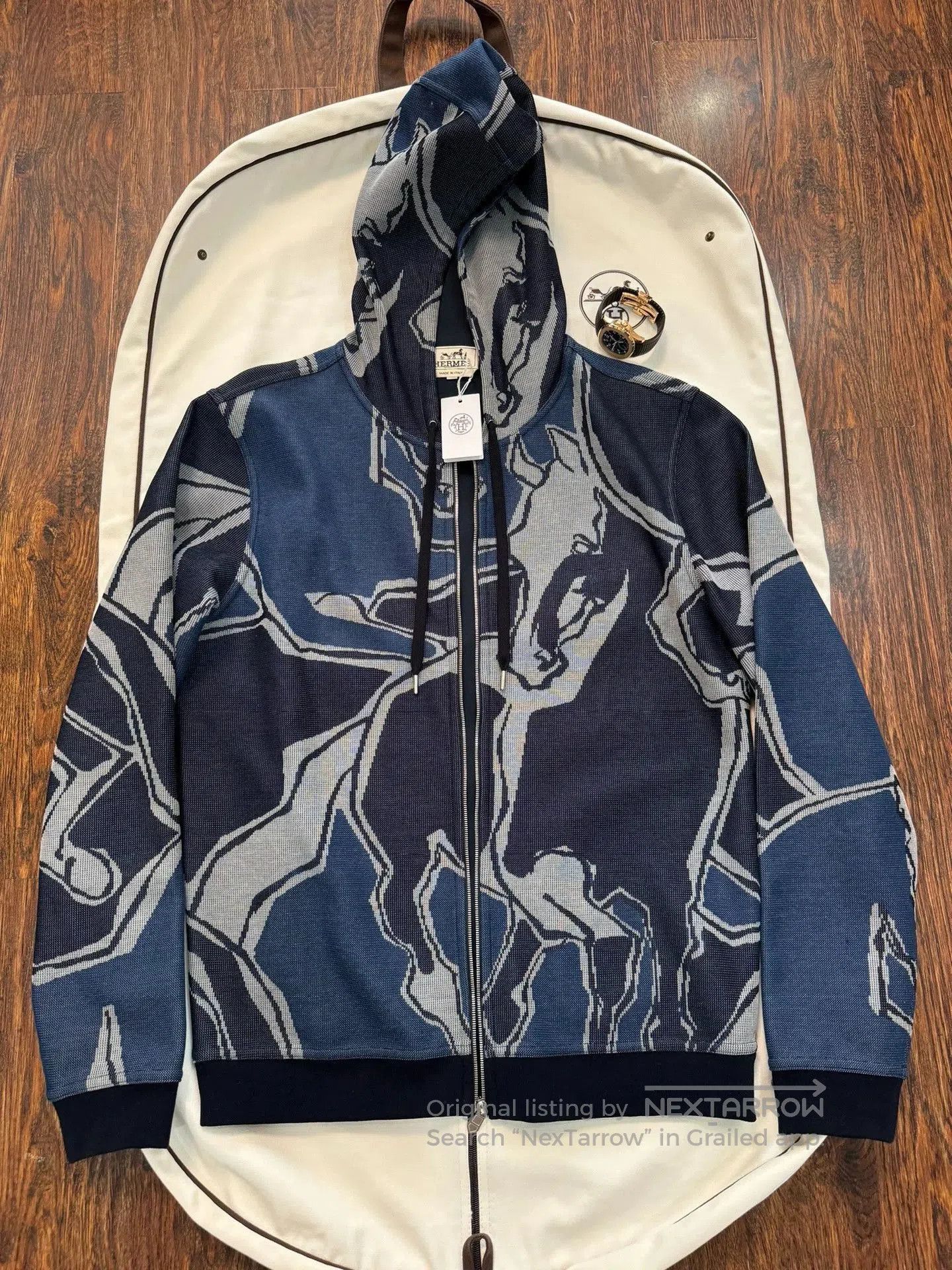 Hermes Blue Horse Print Zip-Up Hoodie. Size US L / EU 52-54 / 3 - 1 Thumbnail