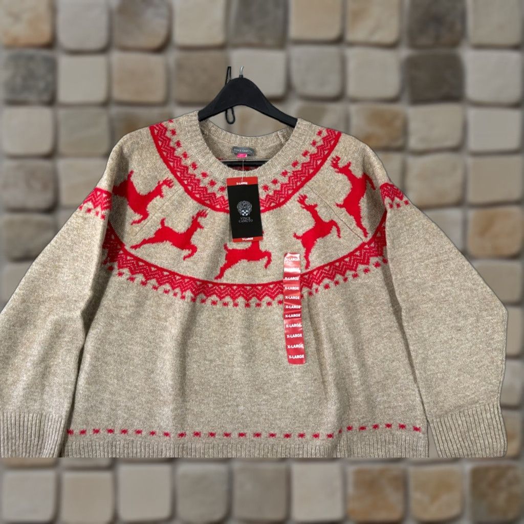 Vince Camuto Vince Camuto Holiday Sweater Womens XL Brown Red Reindeer Fair Isle Stretch NWT Size XL / US 12-14 / IT 48-50 - 1 Thumbnail